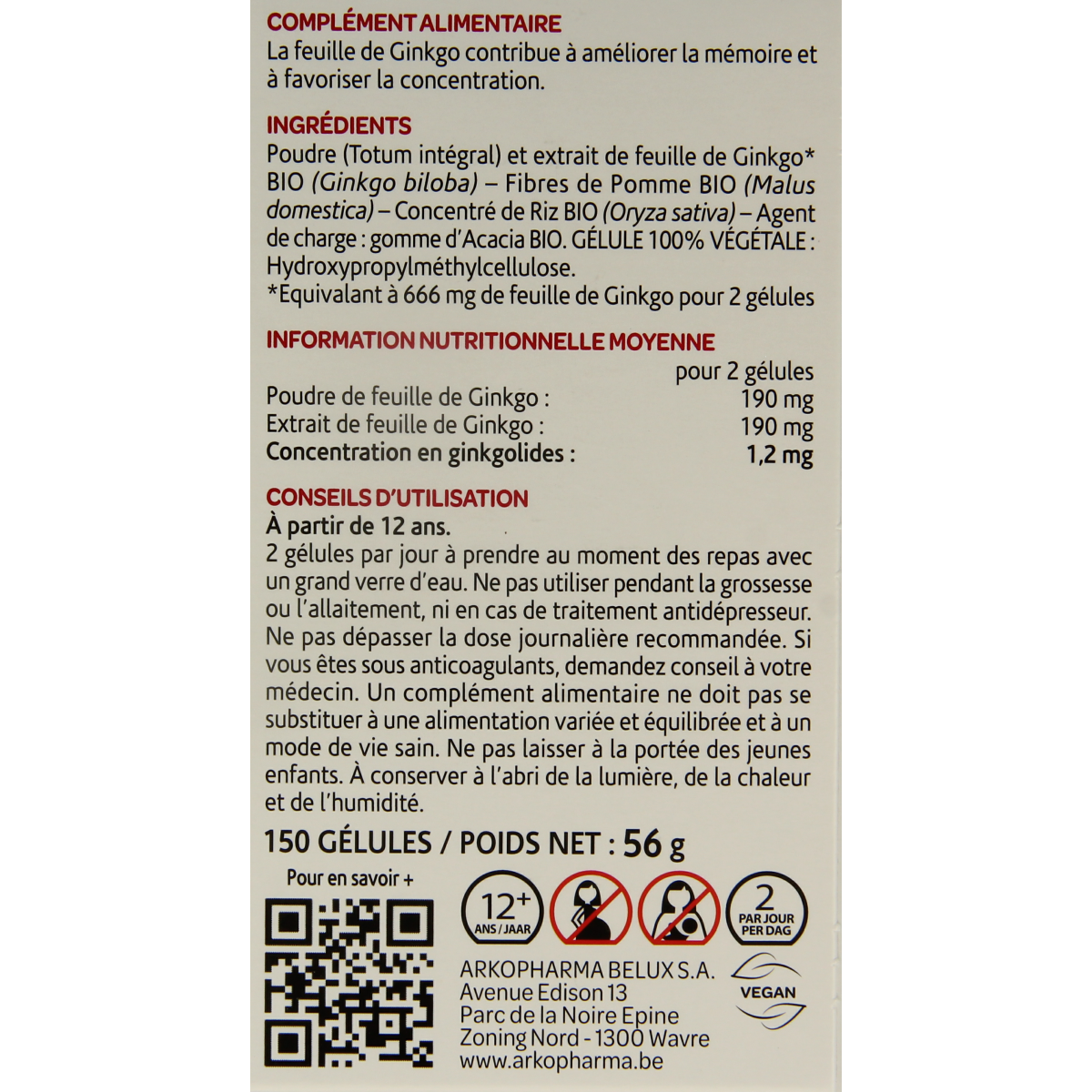Arkocaps Ginkgo bio 150 capsules, herbal supplement in a clear bottle with a white cap, showing the capsules inside.