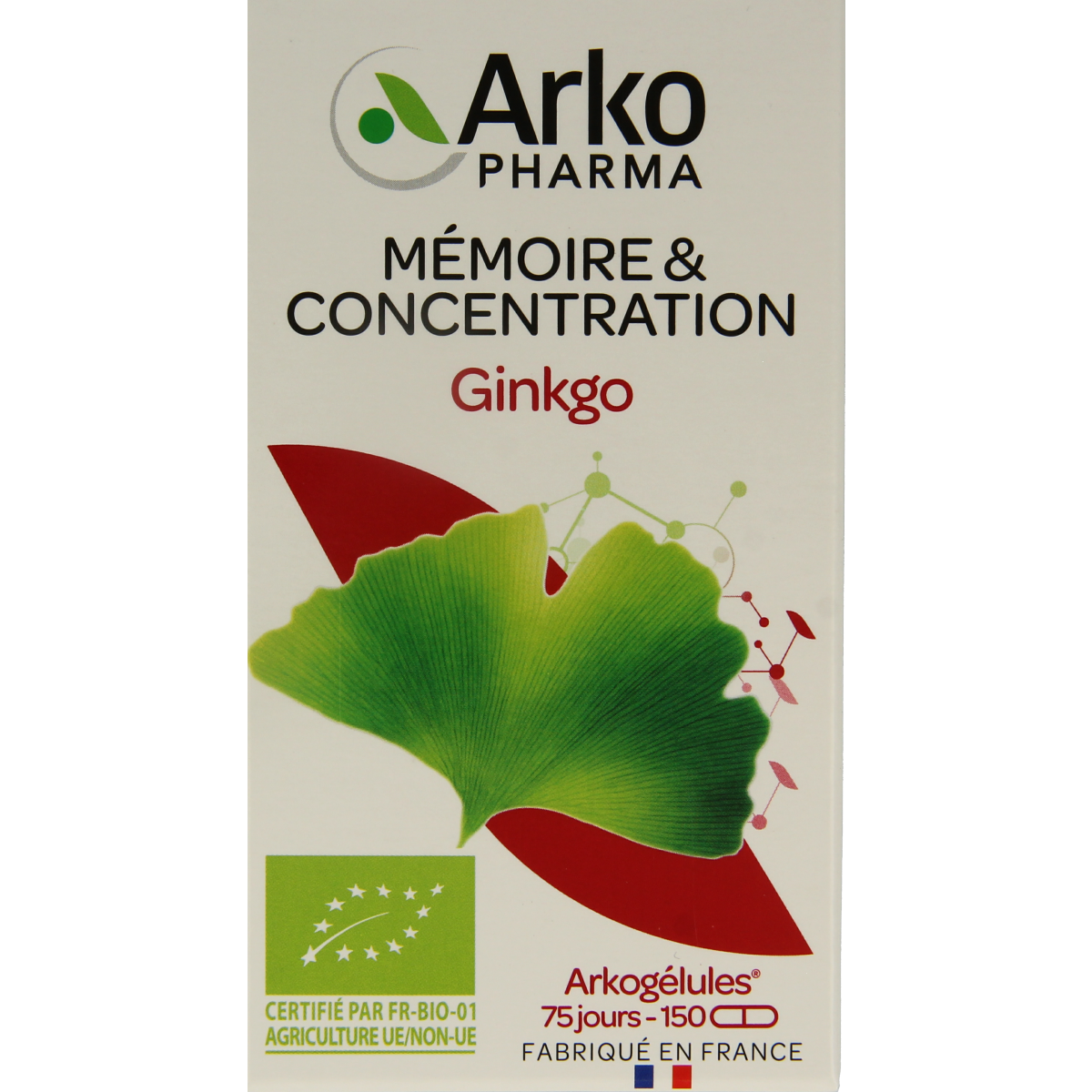 Arkocaps Ginkgo bio 150 capsules in a bottle, herbal supplement by Arkocaps for cognitive health and circulation.