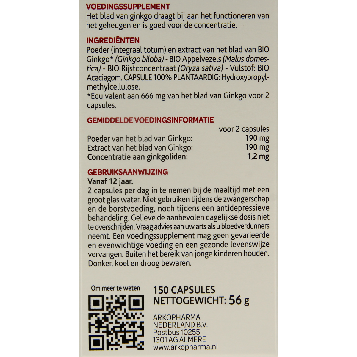 Arkocaps Ginkgo bio capsules in a bottle, herbal supplement packaging from Arkocaps, natural herbal medicine for cognitive support.