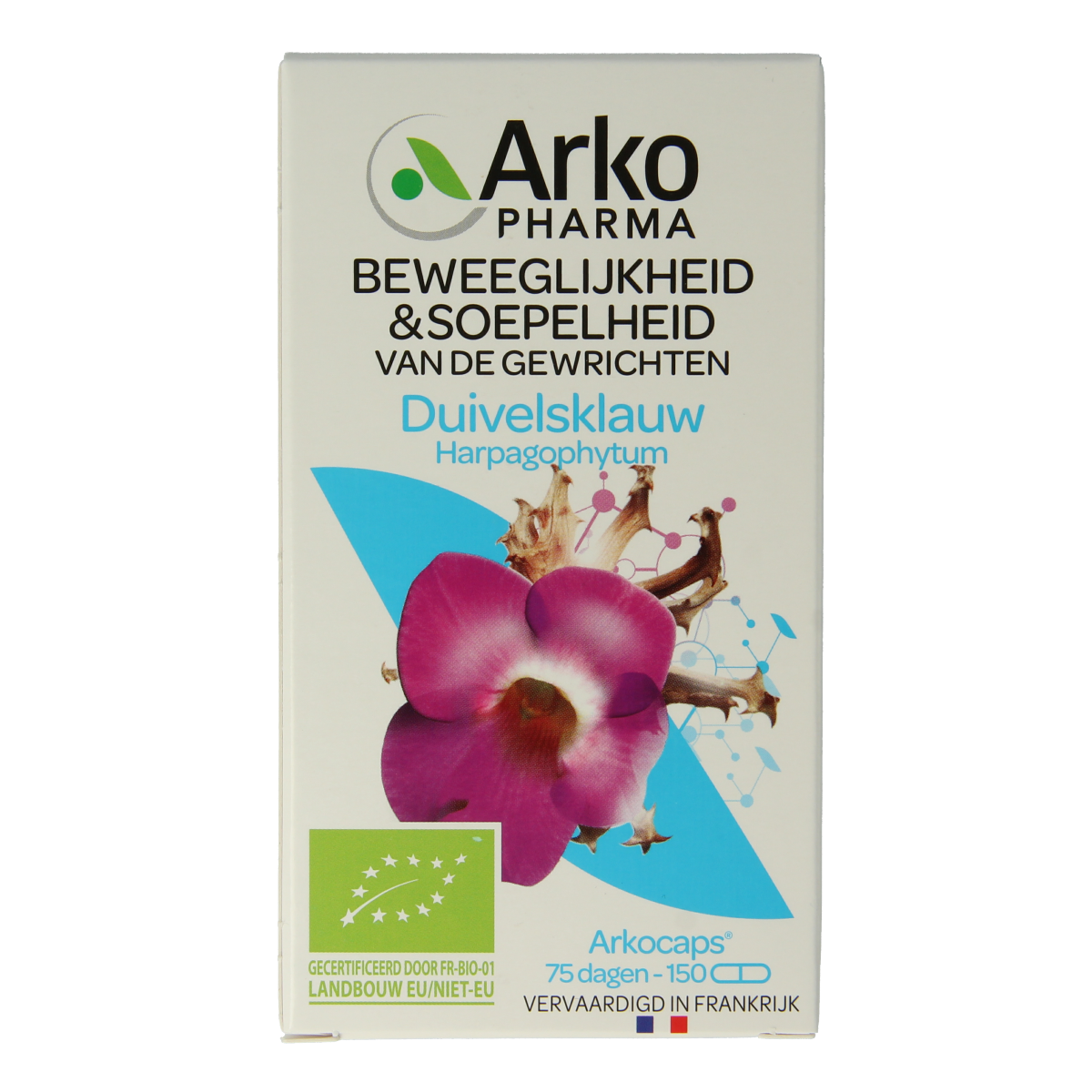Arkocaps Duivelsklauw bio herbal capsules in a bottle, showing the supplement's label and capsule details.