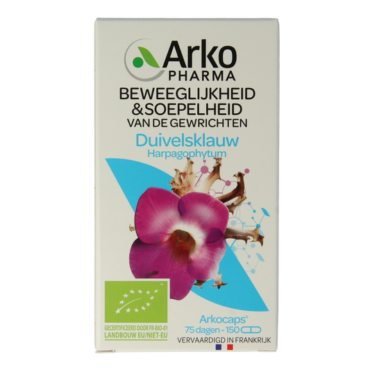 Arkocaps Duivelsklauw bio herbal capsules in a bottle, showing the supplement's label and capsule details.