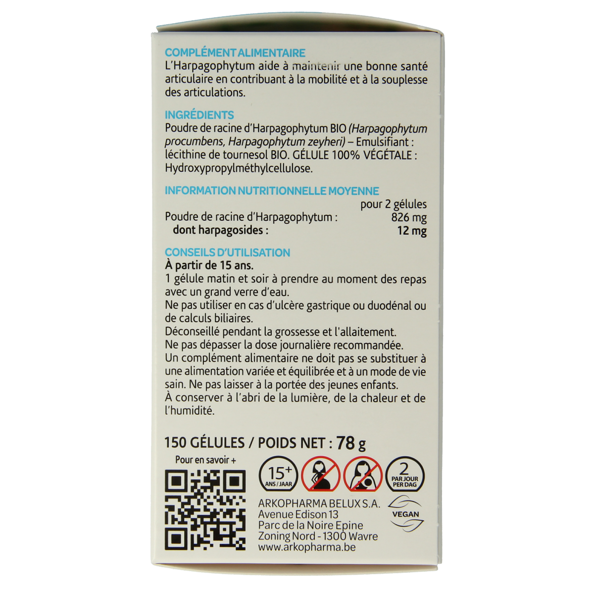 Organic Arkocaps Duivelsklauw herbal capsules in a clear container, showing 150 capsules for herbal supplement use.