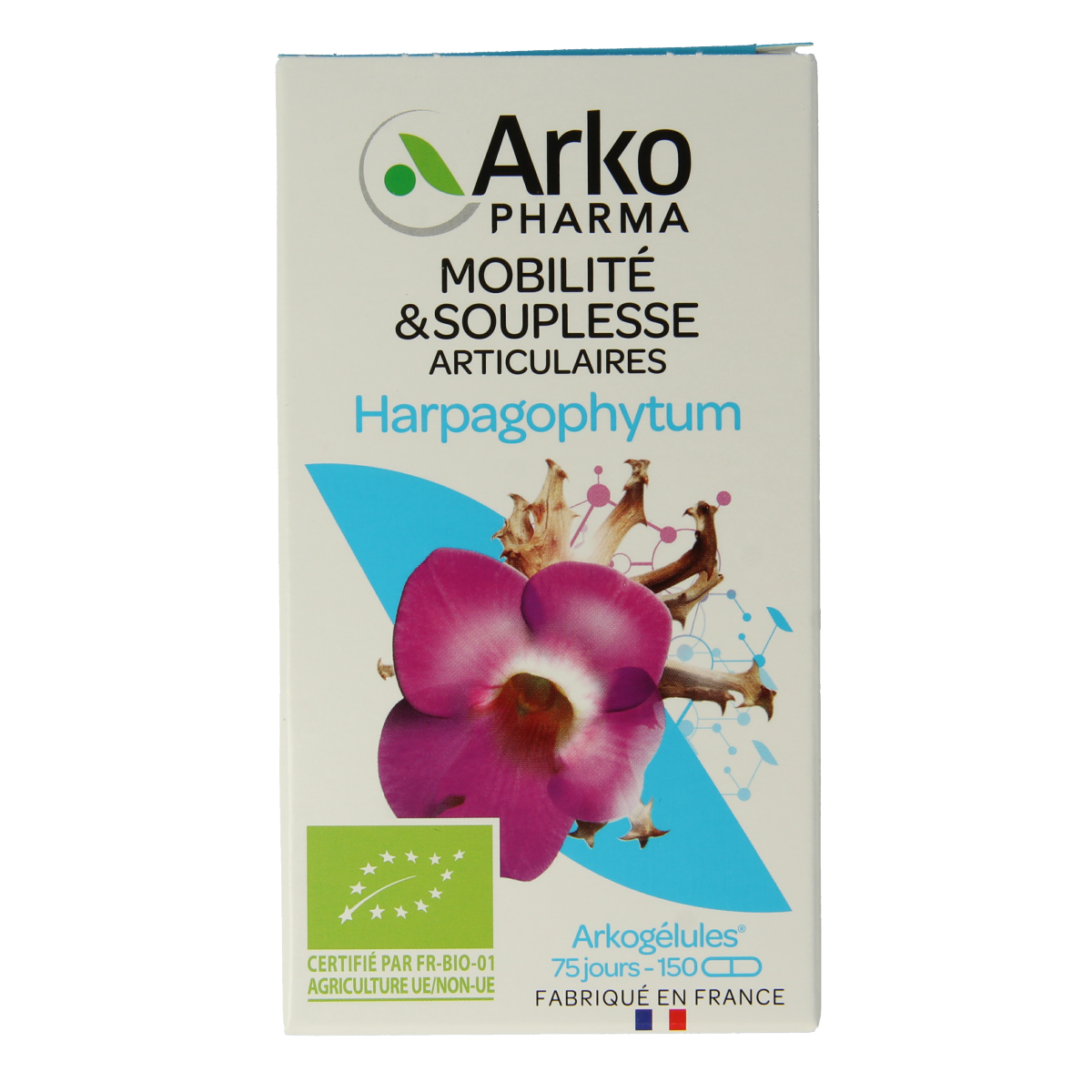 Arkocaps Duivelsklauw bio herbal supplement capsules in a bottle, natural herbal product by Arkocaps for wellness.