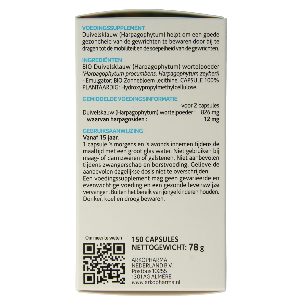 Arkocaps Duivelsklauw bio herbal capsules, 150 count, natural supplement in a plastic bottle with capsules visible.