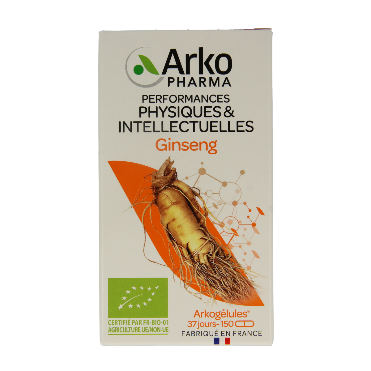 Arkocaps Ginseng bio 150 capsules, herbal supplement in a clear bottle with green label, showing the capsules inside.