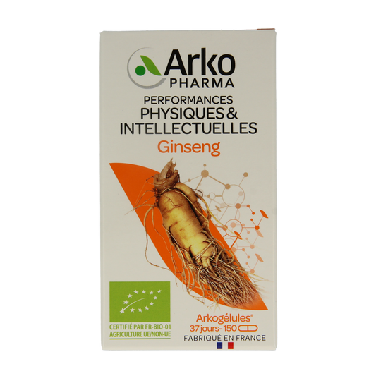 Arkocaps Ginseng bio 150 capsules, herbal supplement in a clear bottle with green label, showing the capsules inside.