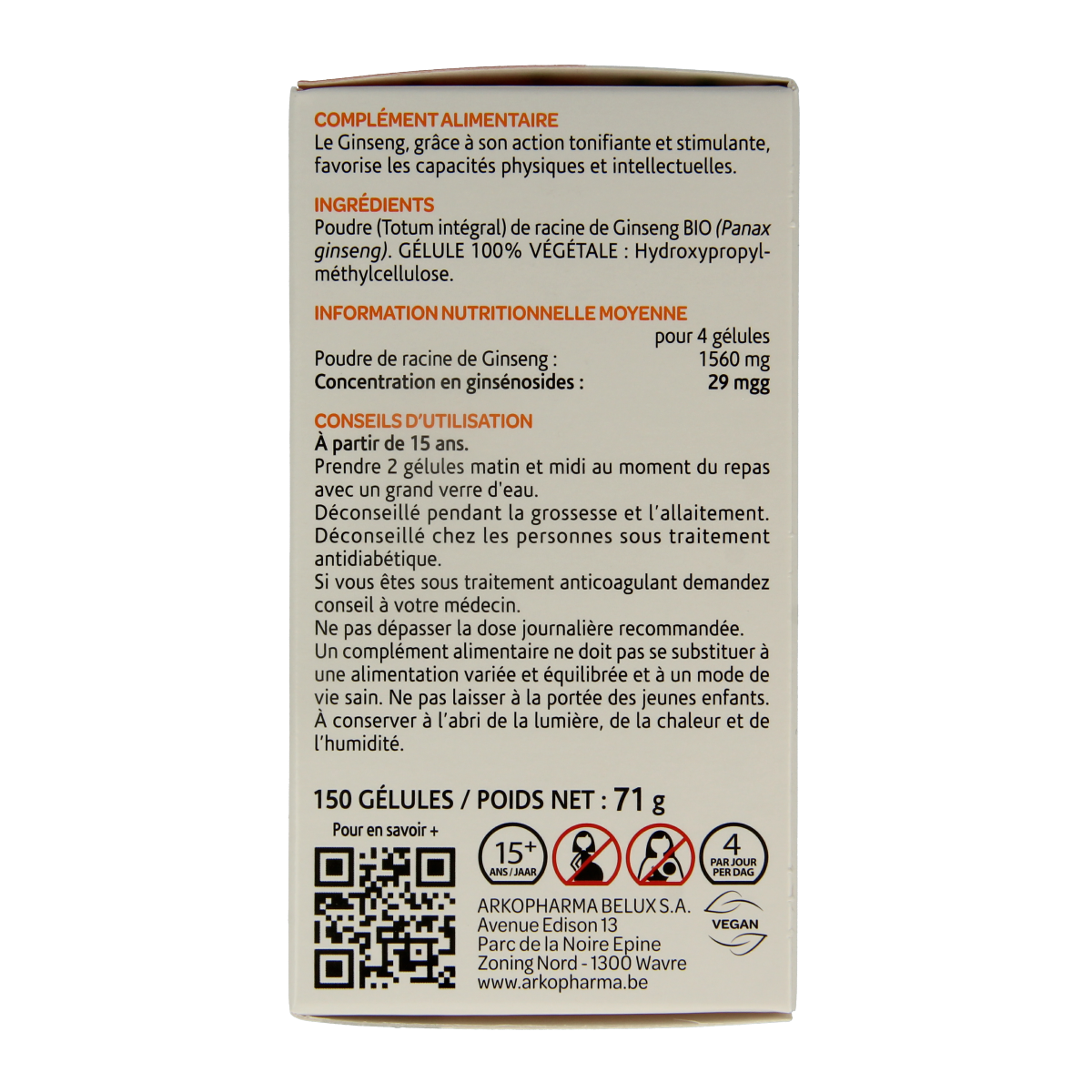 Arkocaps Ginseng bio herbal capsules in a clear bottle, showcasing the capsules and label with brand and product details