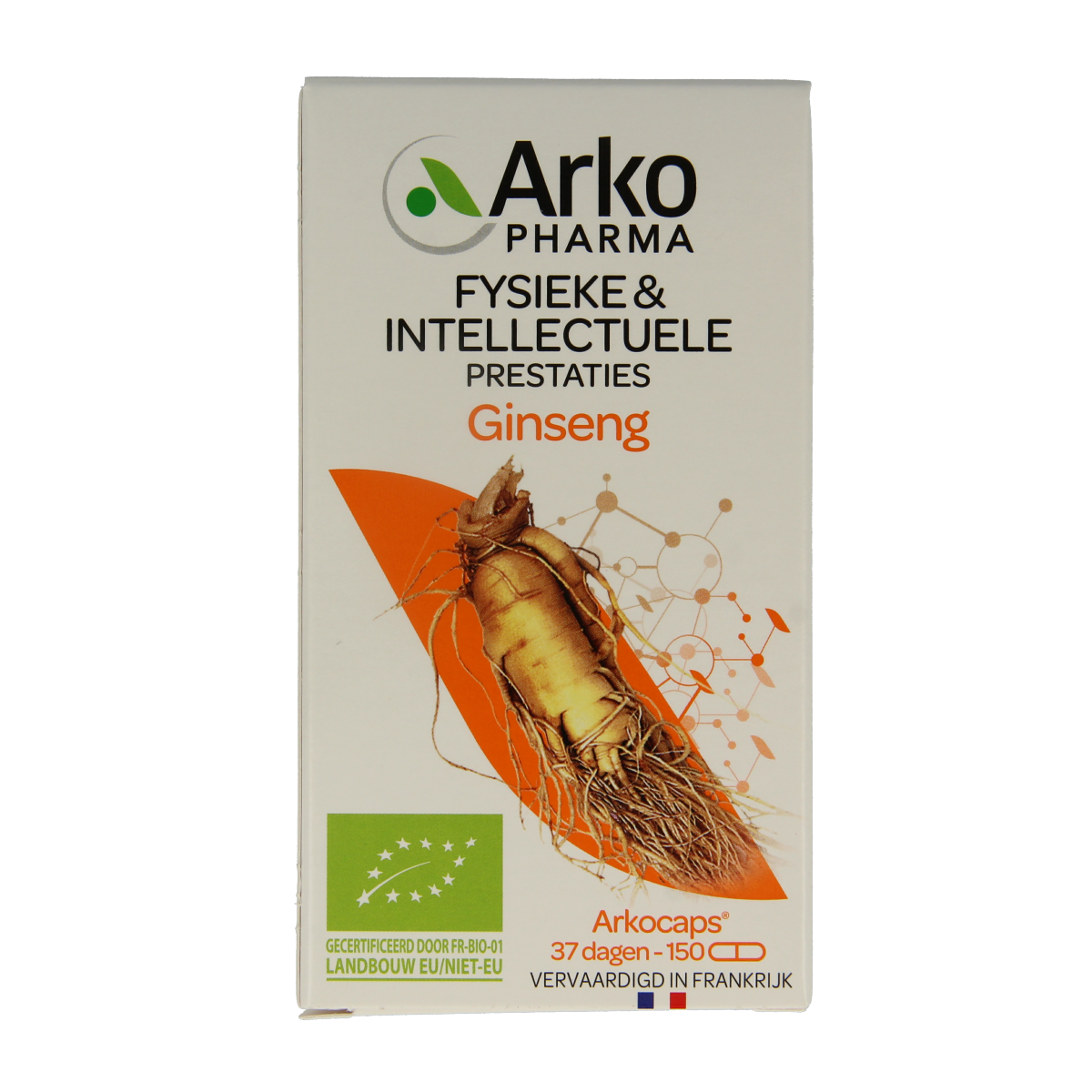 Arkocaps Ginseng bio capsules in a bottle, herbal supplement by Arkocaps, Kruidenpreparaten, natural ginseng extract capsules.