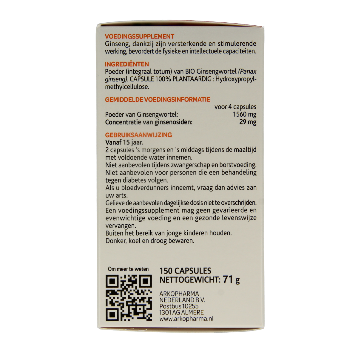 Arkocaps Ginseng bio capsules, herbal supplement, with 150 capsules in a plastic bottle, showcasing the product packaging.