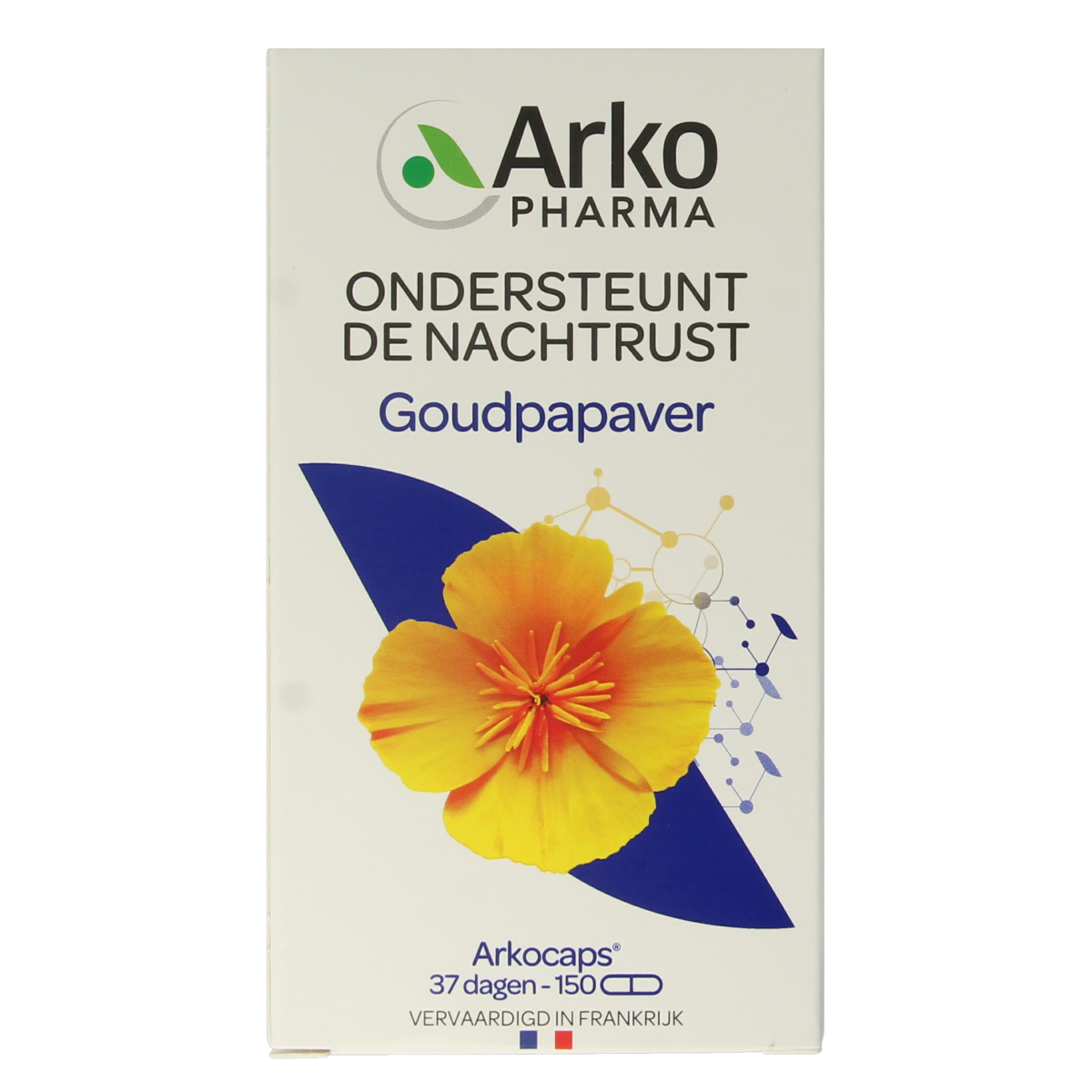 Arkocaps Goudpapaver capsules, herbal supplement by Arkocaps, showing a close-up of the yellow capsules in a container.