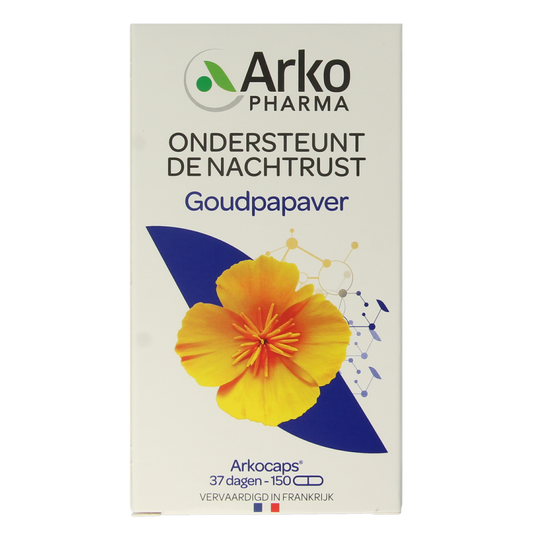 Arkocaps Goudpapaver capsules, herbal supplement by Arkocaps, showing a close-up of the yellow capsules in a container.