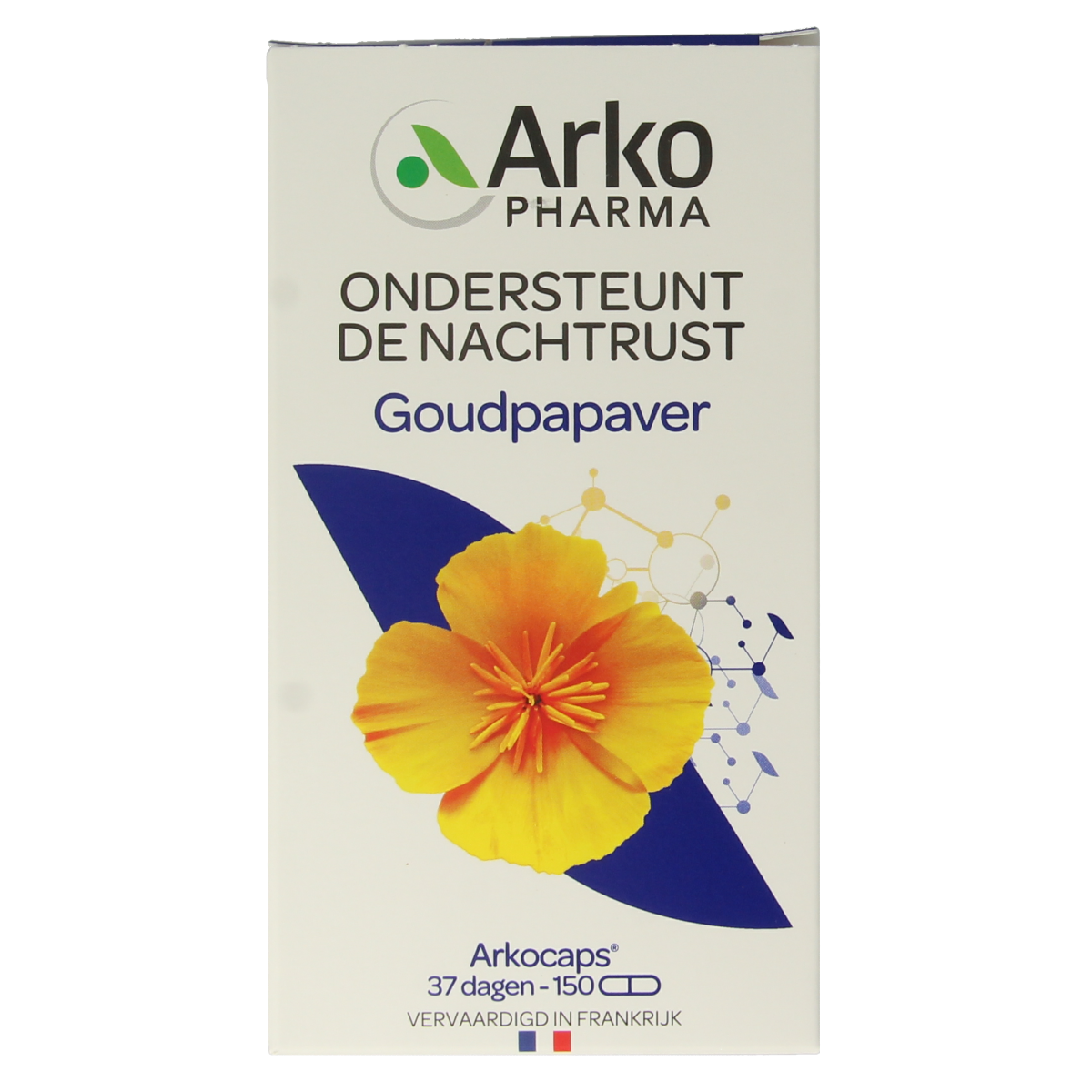 Arkocaps Goudpapaver capsules from Arkocaps, herbal supplement in a blister pack with golden-colored capsules.