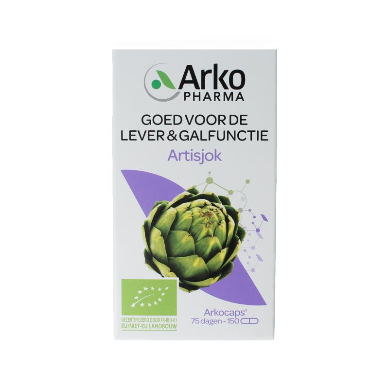 Arkocaps Artisjok bio 150 capsules, herbal supplement in a blister pack, featuring green capsules with herbal branding.