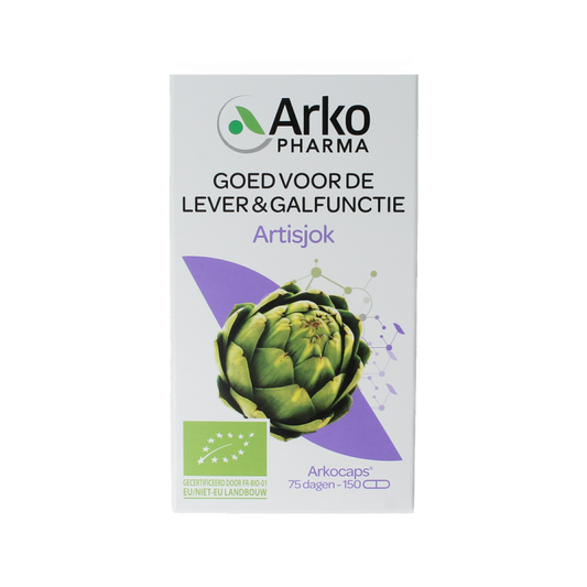 Arkocaps Artisjok bio 150 capsules, herbal supplement in a blister pack, featuring green capsules with herbal branding.