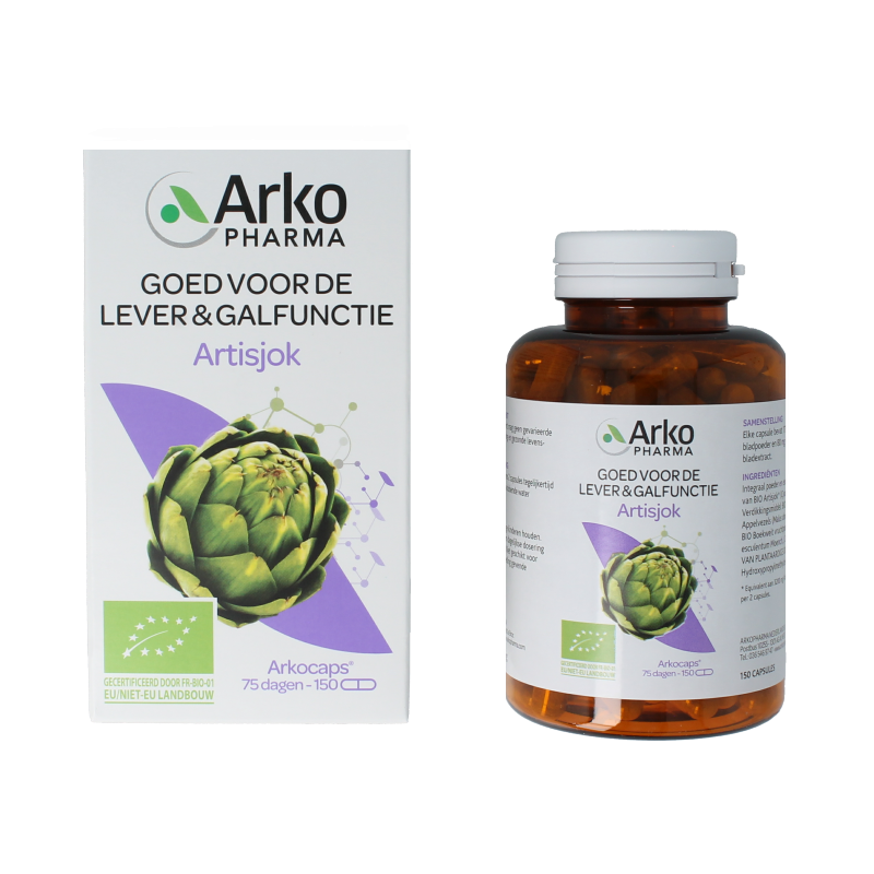 Arkocaps Artisjok bio 150 capsules, herbal supplement in a clear bottle with a white cap, showing the capsules inside.