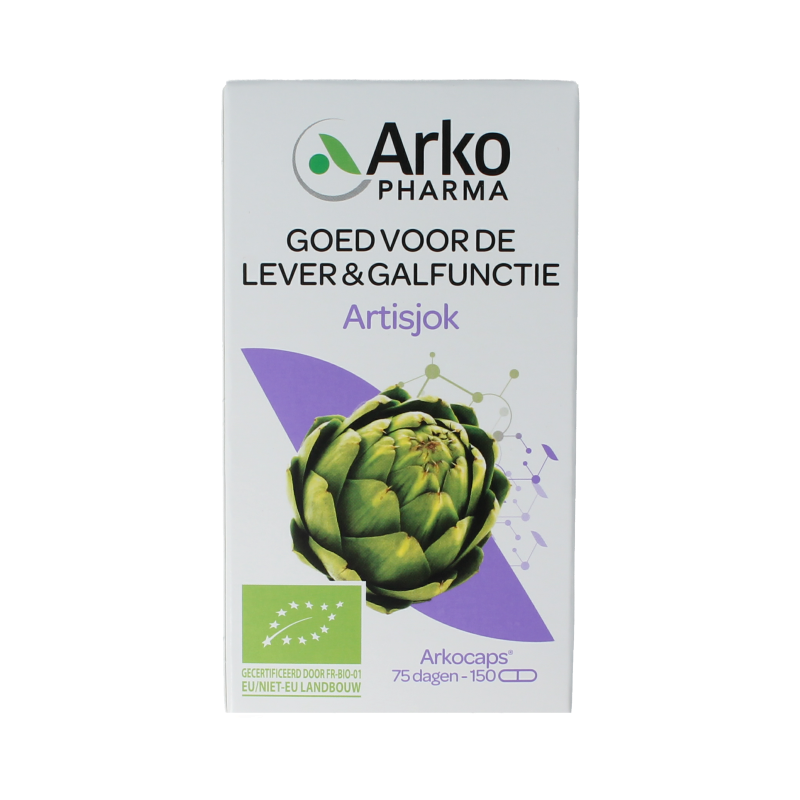 Arkocaps Artisjok bio 150 capsules, herbal supplement in green bottle with capsules visible inside.