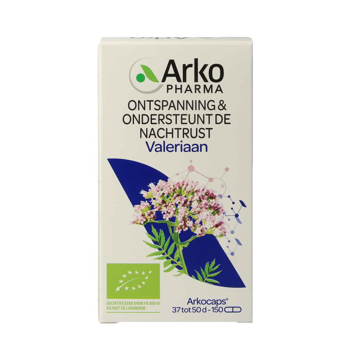 Arkocaps Valeriaan bio capsules, herbal supplement in a clear container, showing the capsules inside.