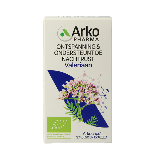 Arkocaps Valeriaan bio capsules, herbal supplement in a clear container, showing the capsules inside.