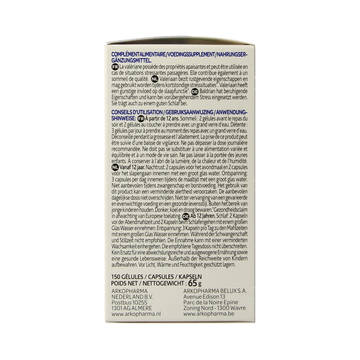 Arkocaps Valeriaan bio herbal capsules, natural supplement in a bottle, designed for relaxation and sleep support.