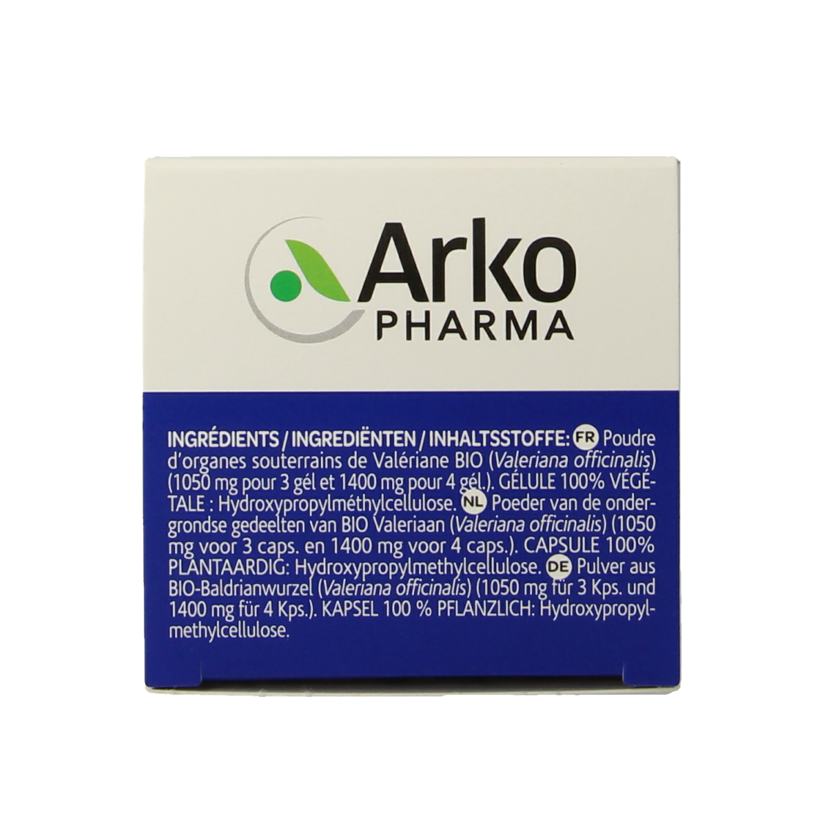 Arkocaps Valeriaan bio capsules, herbal supplement in a clear bottle with a white cap, containing 150 capsules for relaxation and sleep.