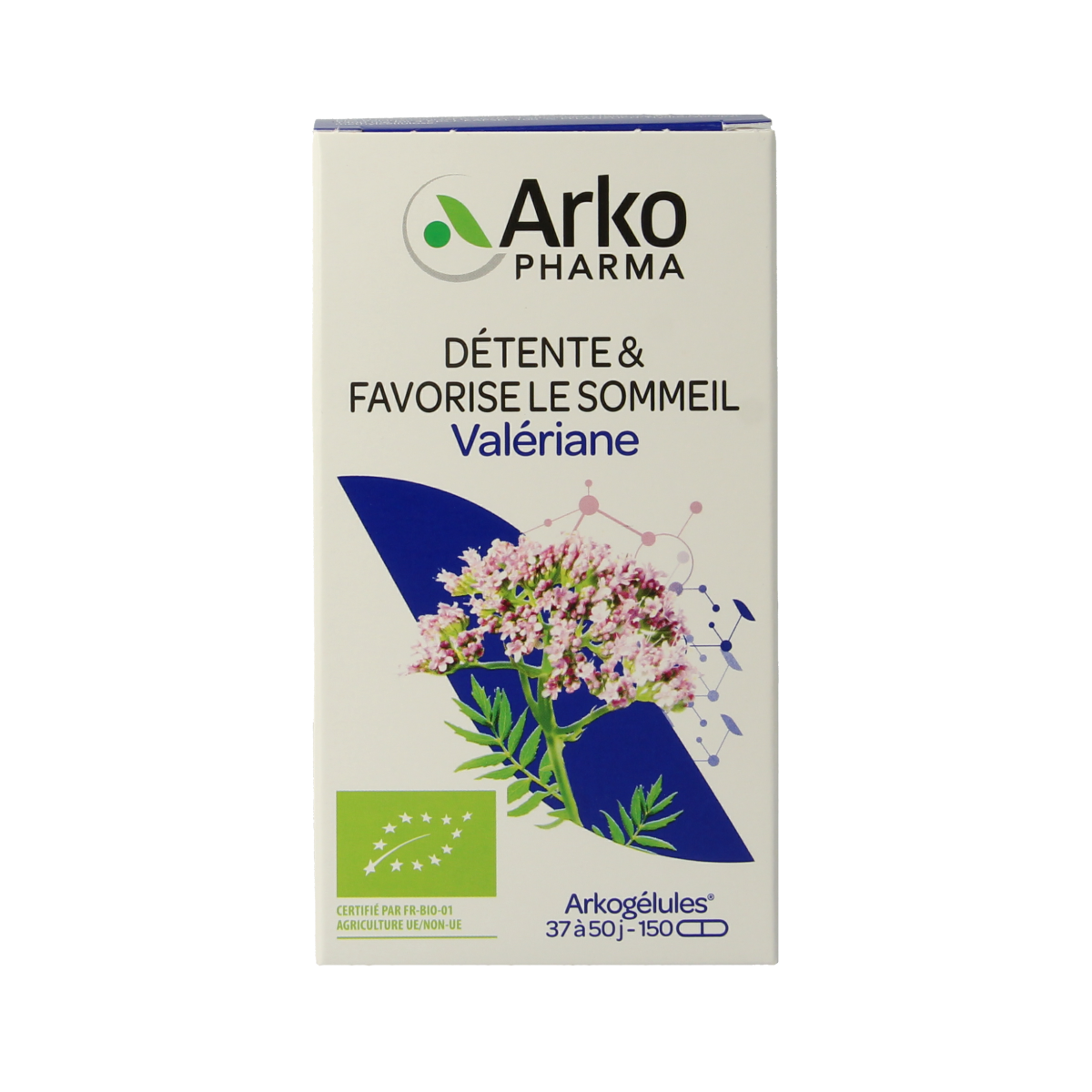 Arkocaps Valeriaan bio 150 capsules, herbal supplement in green and white bottle with capsules inside.