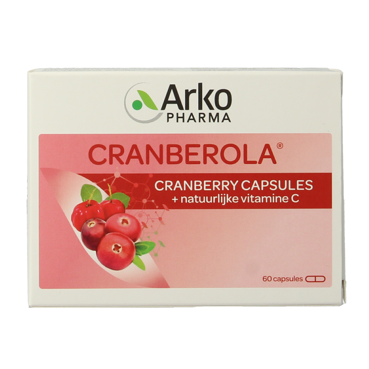 Cranberola Cranberry capsules bottle with 60 capsules, dietary supplement from Kruidenpreparaten brand, shown in the image.