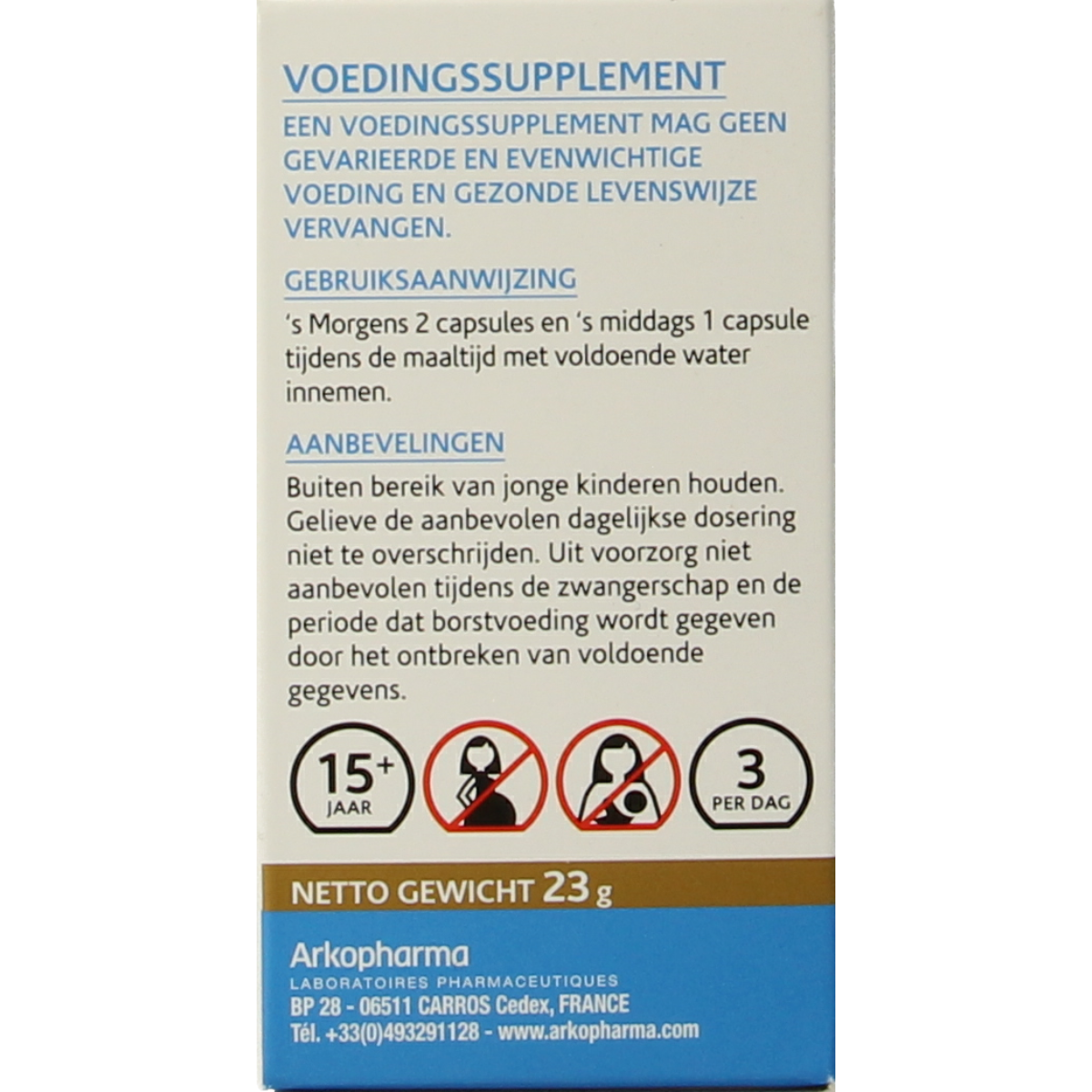 Arkocaps Rhodiola herbal capsules in a clear bottle, showing the orange and white capsule packaging for Arkocaps Kruidenpreparaten.