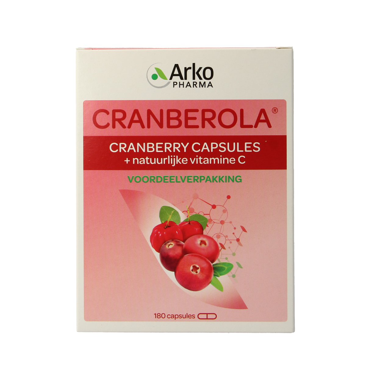 Cranberola Cranberry capsules, vegetarian herbal supplement, 180 capsules, shown in a bottle with label.