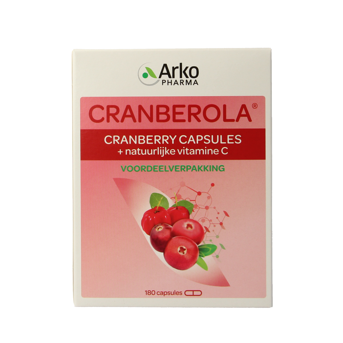 Cranberola Cranberry capsules in vegetarian supplement bottle, 180 count, herbal preparation for health support.