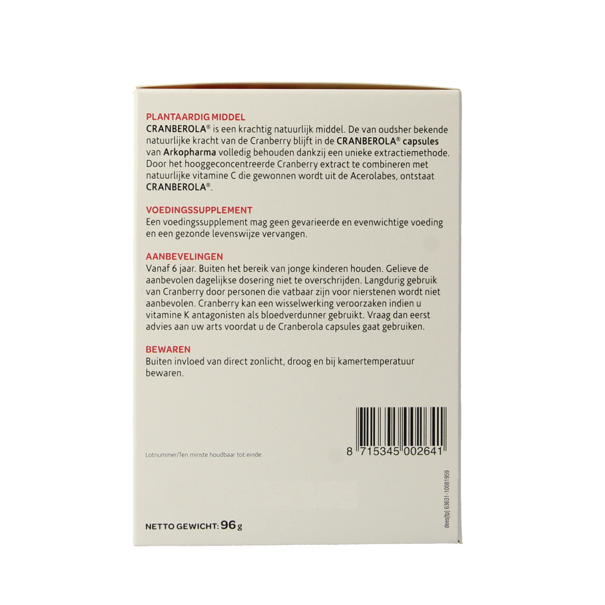 Cranberola Cranberry capsules in vegetarian capsules, herbal supplement packaging with cranberry imagery and branding.