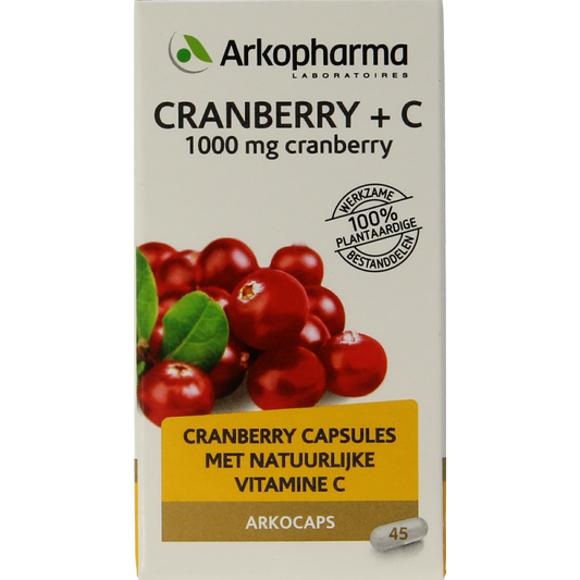 Arkocaps Cranberry and Vitamin C capsules in a bottle, herbal supplement from Arkocaps for urinary health support.