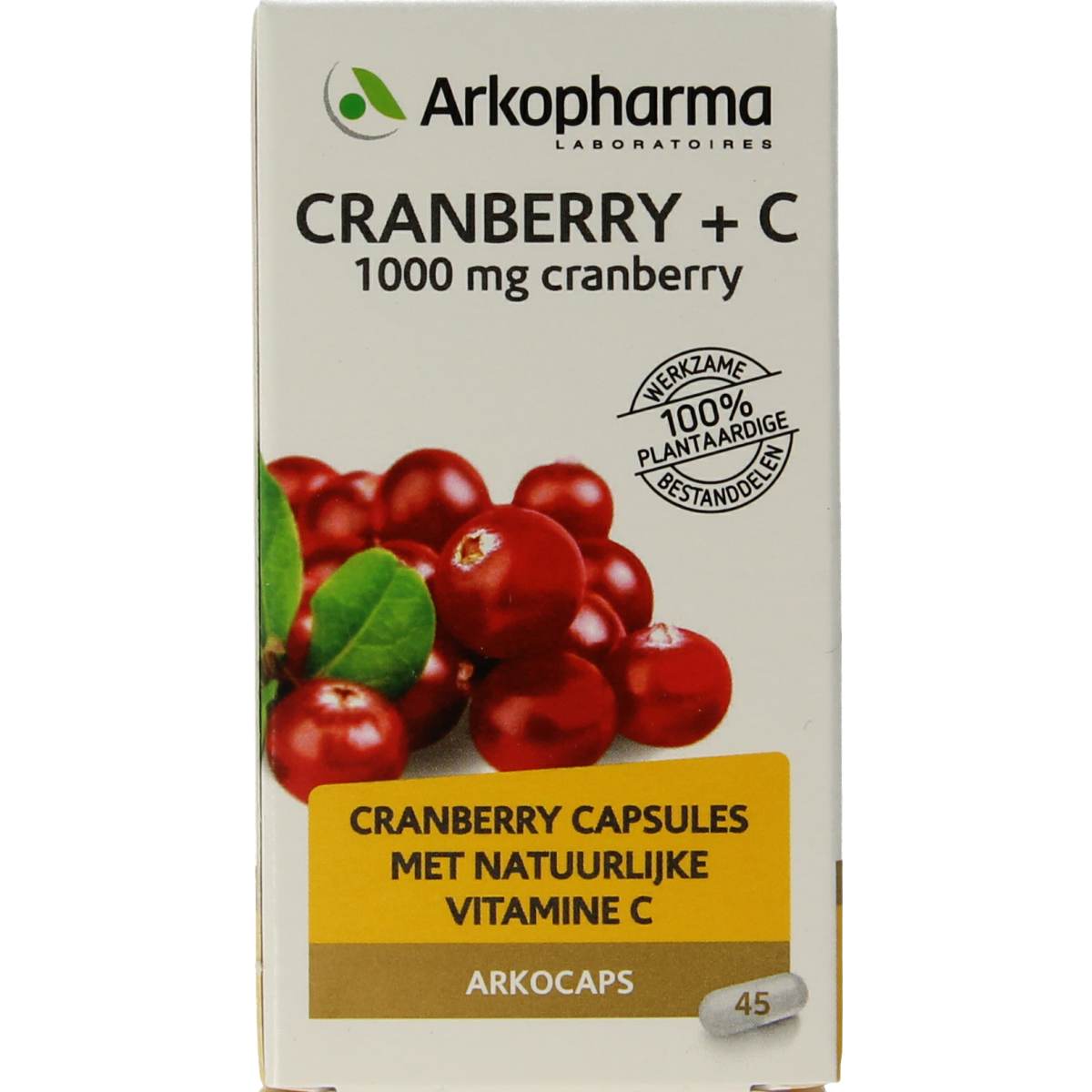 Arkocaps Cranberry and Vitamin C capsules in a bottle, herbal supplement for urinary health and immune support.
