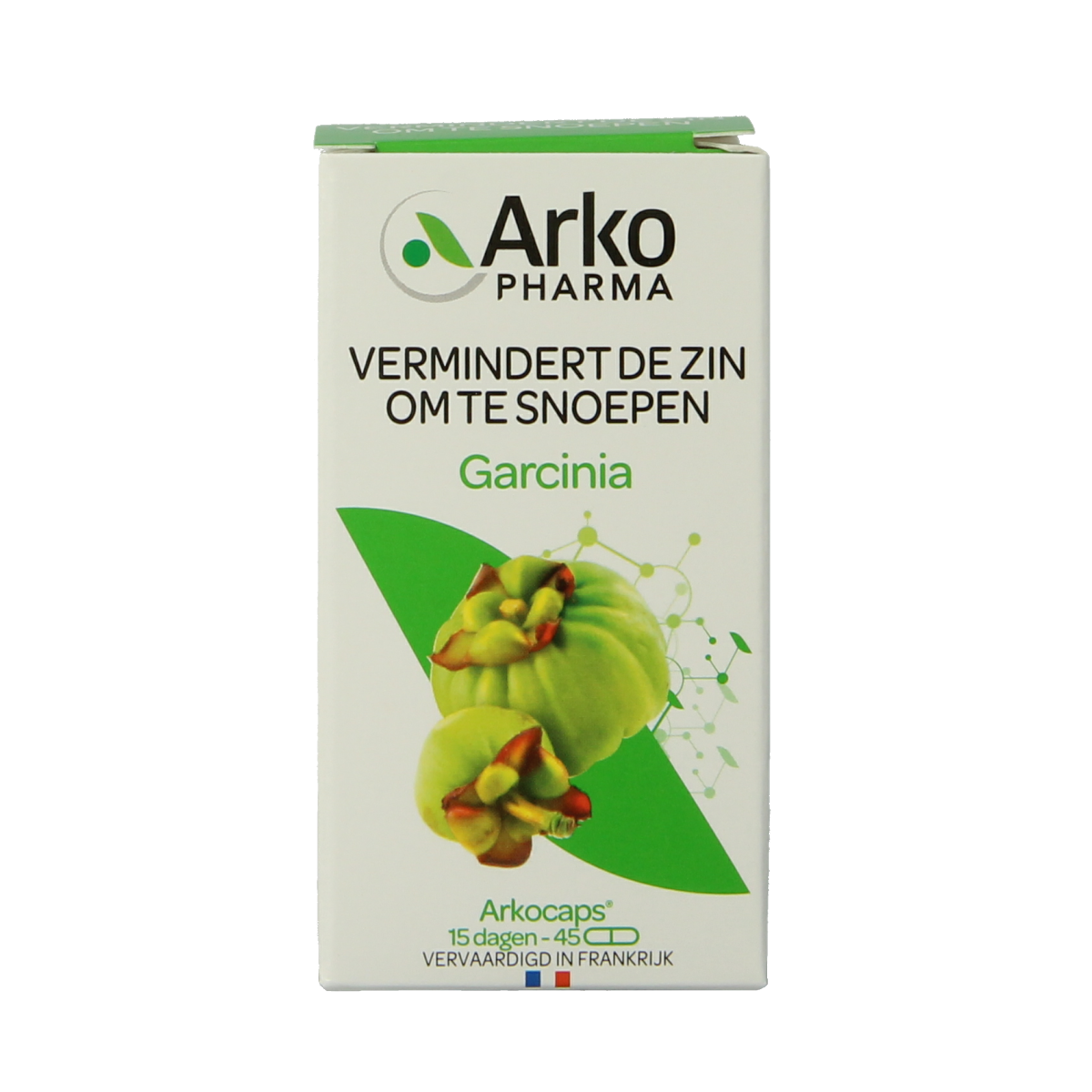 Arkocaps Garcinia capsules in a bottle, herbal supplement from Arkocaps for weight management and natural health.
