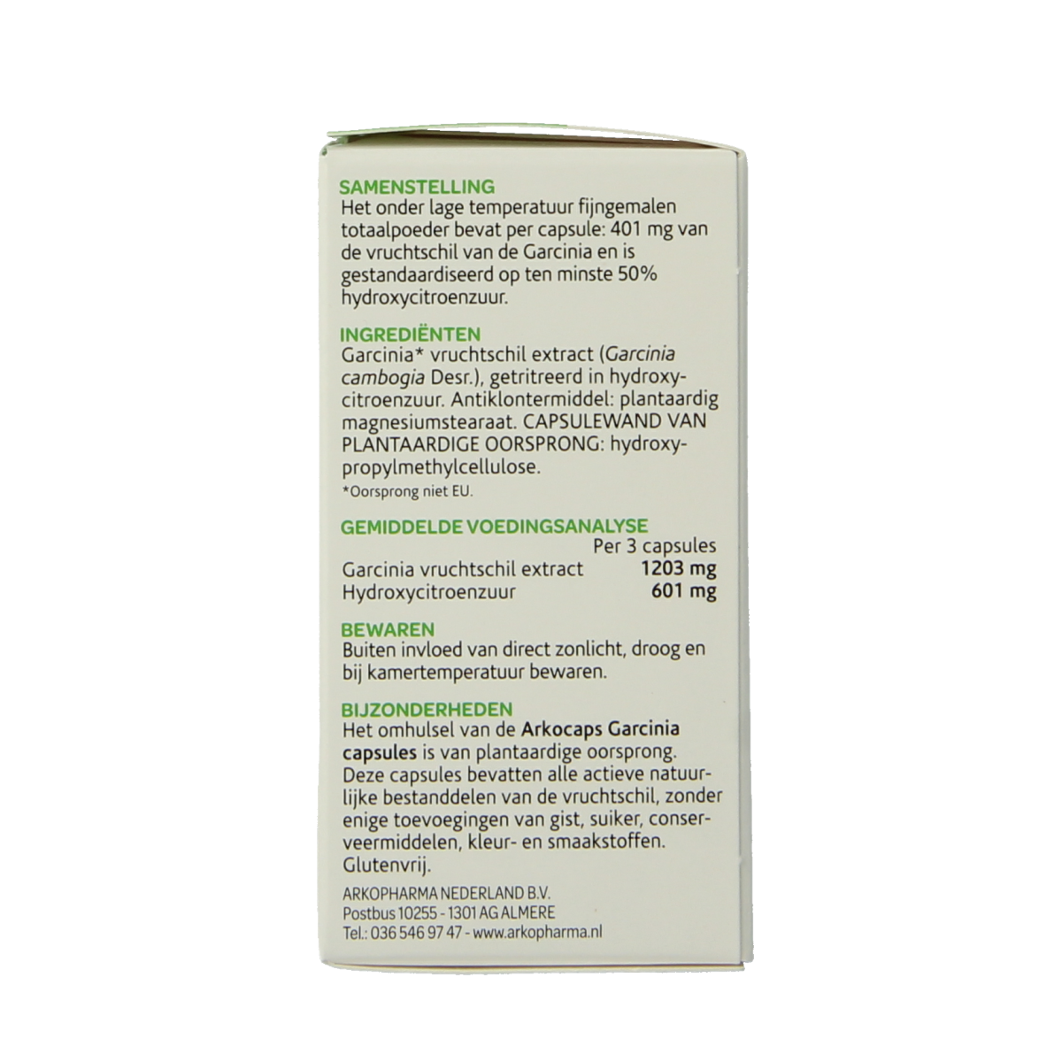 Arkocaps Garcinia capsules in a bottle, herbal supplement from Arkocaps, Kruidenpreparaten product for weight management.