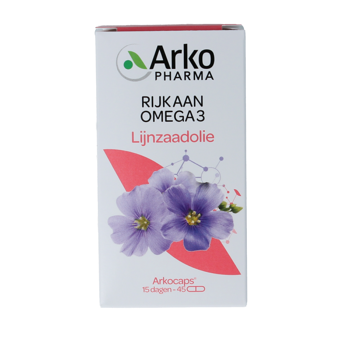 Arkocaps Lijnzaadolie capsules, dietary omega-3 fatty acids supplement, in a bottle with capsules visible.