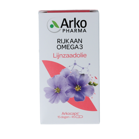 Arkocaps Lijnzaadolie capsules, dietary omega-3 fatty acids supplement, in a bottle with capsules visible.