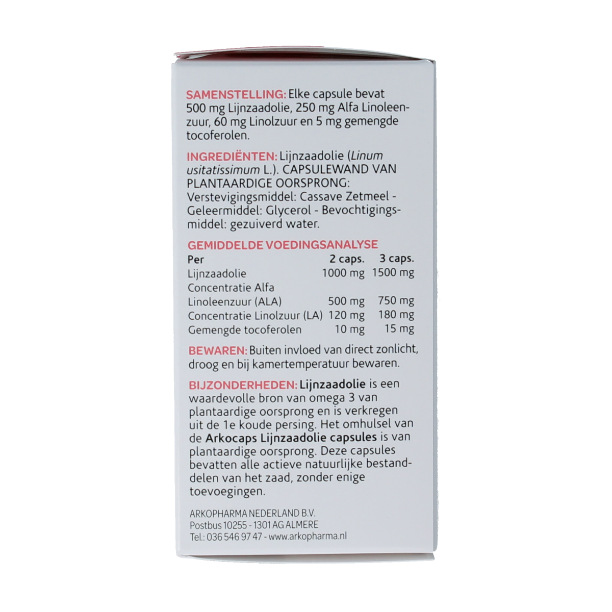 Arkocaps Lijnzaadolie capsules, dietary supplement with omega-3 fatty acids, in a blister pack, showing the capsules and packaging.