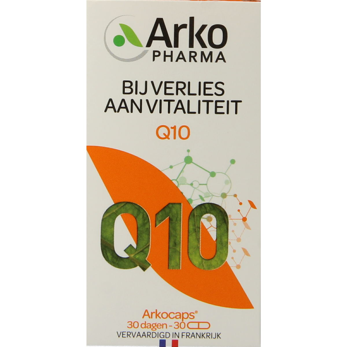 Arkocaps Q10 30 capsule bottle featuring vitamin supplement from Arkocaps, with capsules visible in the image.