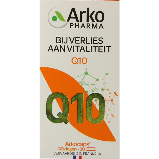 Arkocaps Q10 30 capsule bottle featuring vitamin supplement from Arkocaps, with capsules visible in the image.