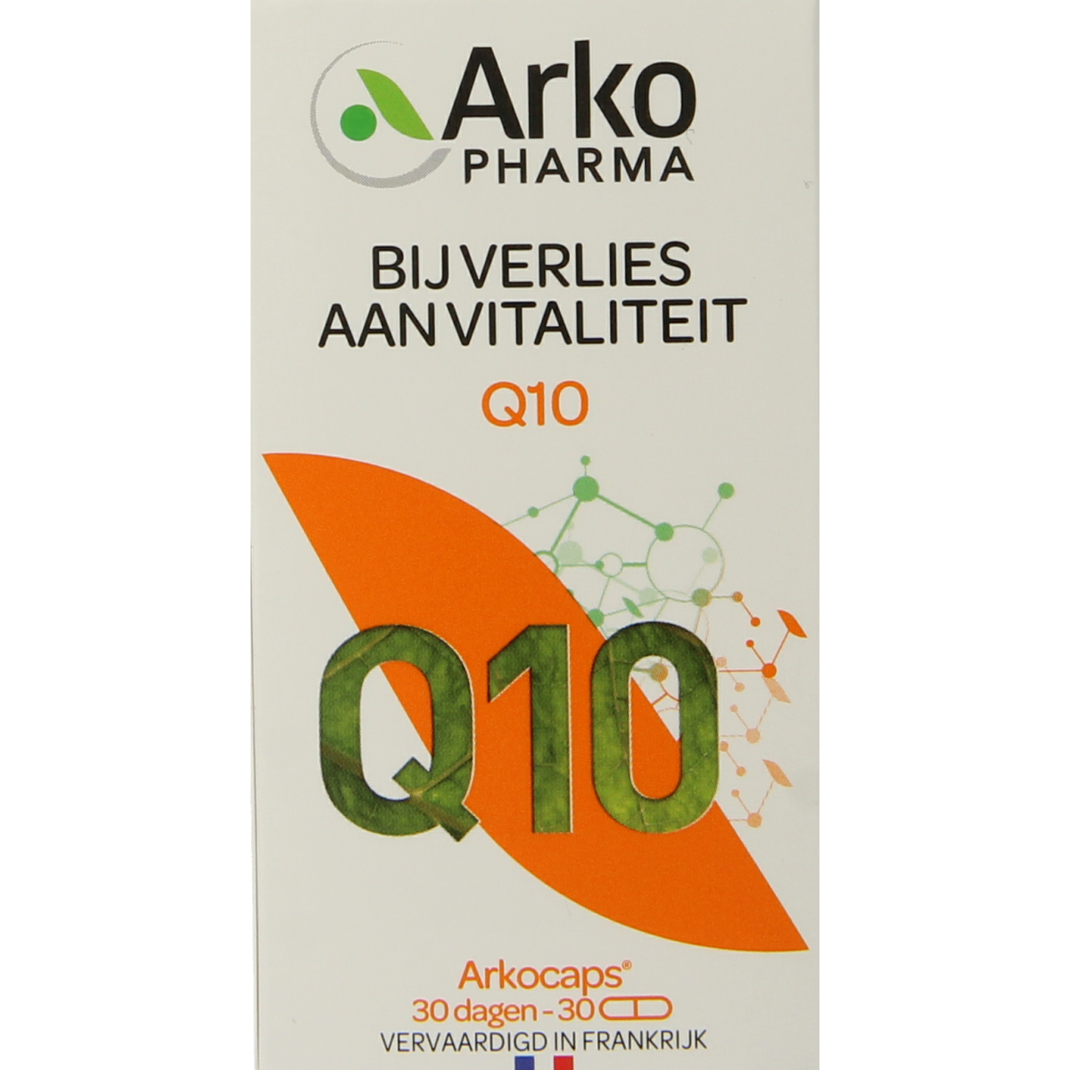 Arkocaps Q10 30 capsules of vitamin E with Coenzyme Q10 in a clear bottle, designed for daily health support.
