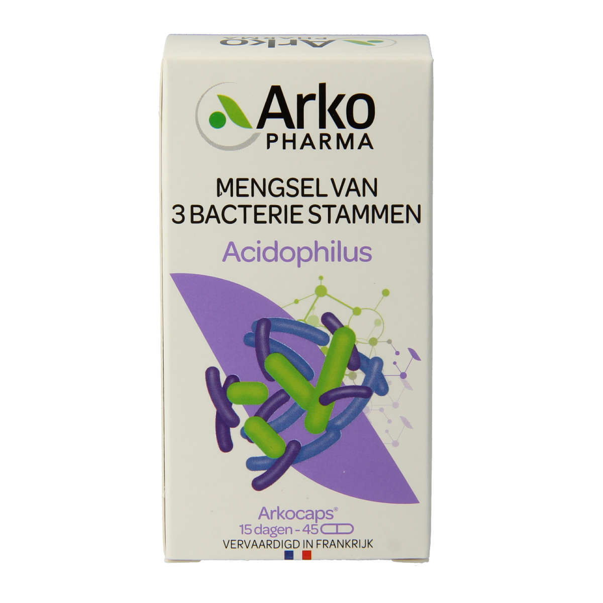 Arkocaps Acidophilus complex capsules, probiotic micro-organisms supplement in a bottle of 45 capsules, for digestive health.