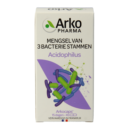 Arkocaps Acidophilus complex capsules, probiotic micro-organisms supplement in a bottle of 45 capsules, for digestive health.