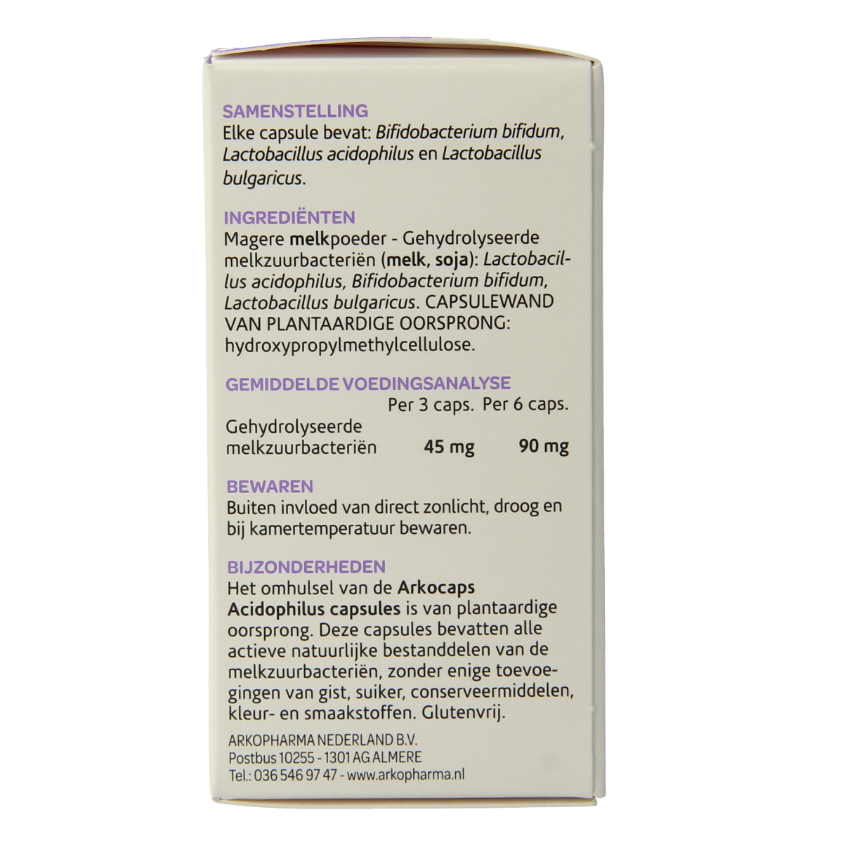 Arkocaps Acidophilus complex probiotic capsules, featuring micro-organisms, in a 45-count bottle by Arkocaps, displayed in the image.