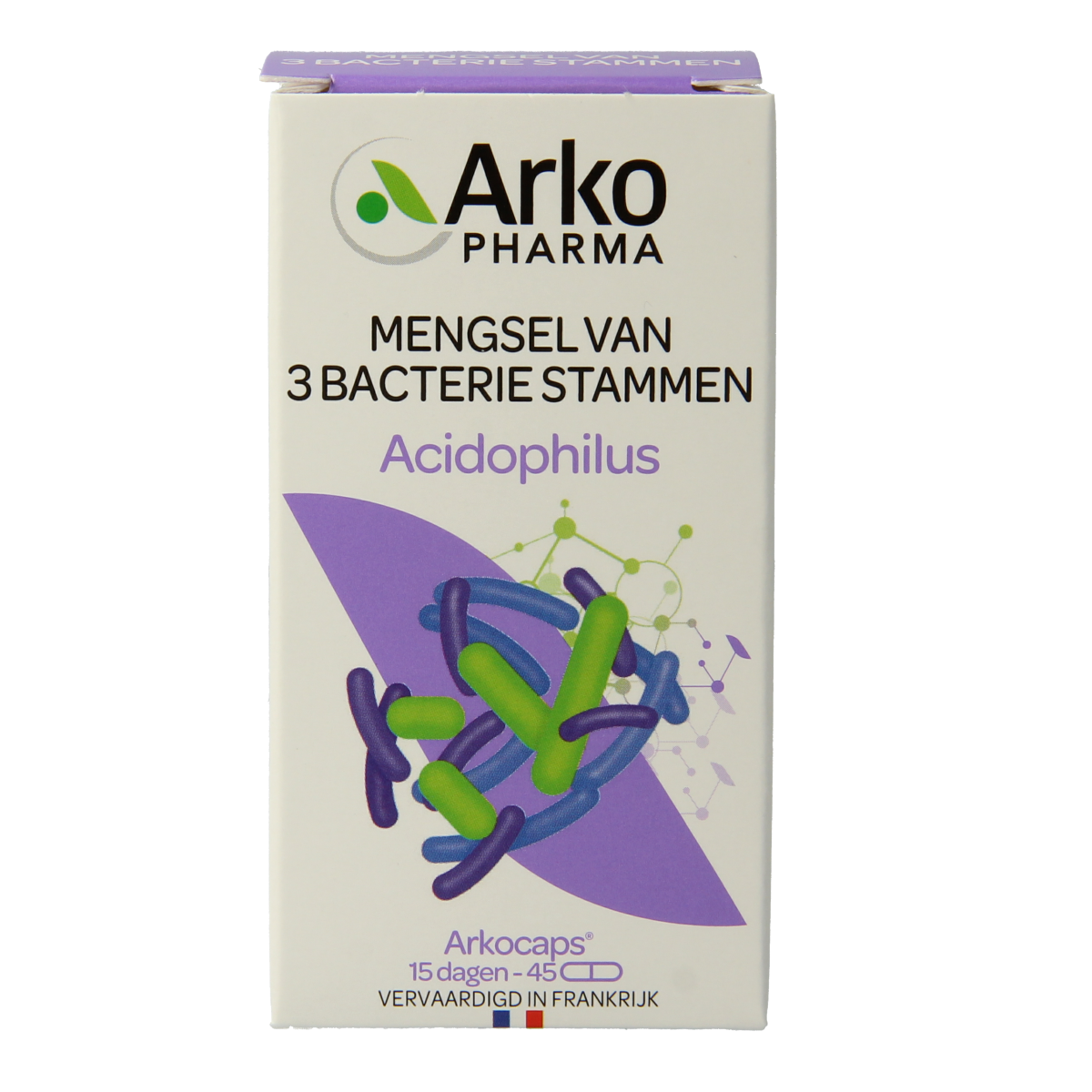 Arkocaps Acidophilus Complex capsules with micro-organisms for digestive health, shown in a close-up image.