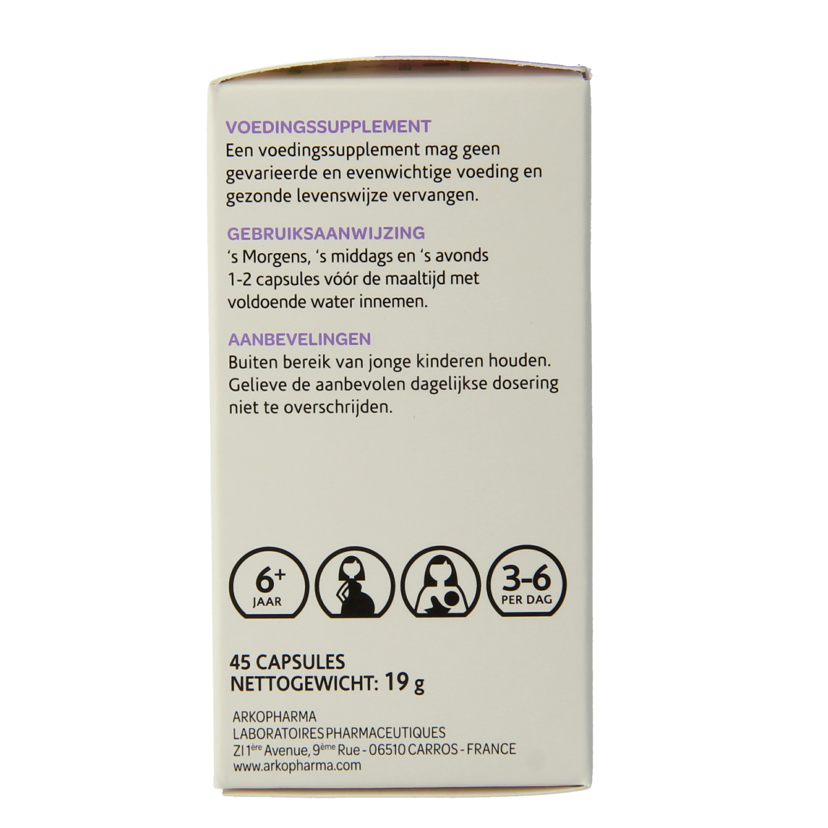 Arkocaps Acidophilus complex micro-organisms capsules in a bottle, showing the supplement's label and capsule details.