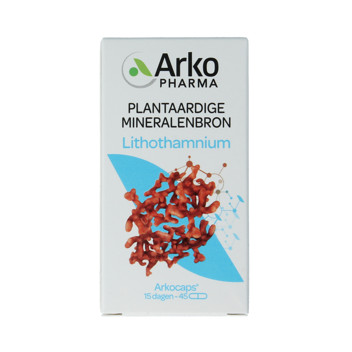 Arkocaps Lithothamnium herbal capsules in a white bottle, showcasing the supplement for mineral and herbal health support.