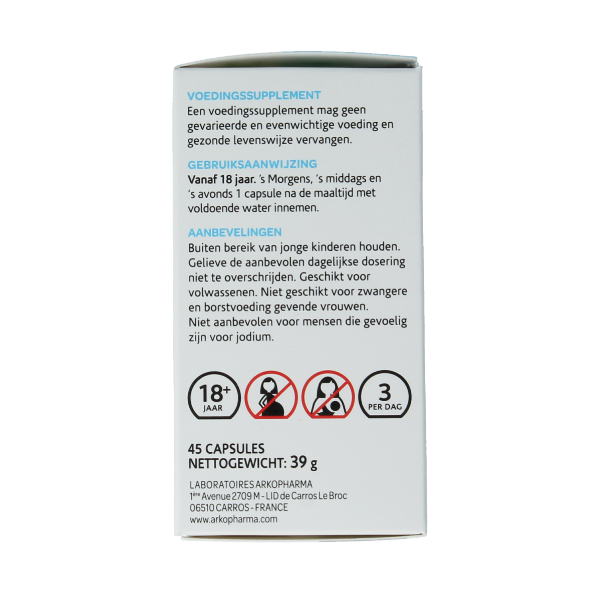 Arkocaps Lithothamnium herbal supplement capsules, showing a bottle of Arkocaps Kruidenpreparaten with 45 capsules.