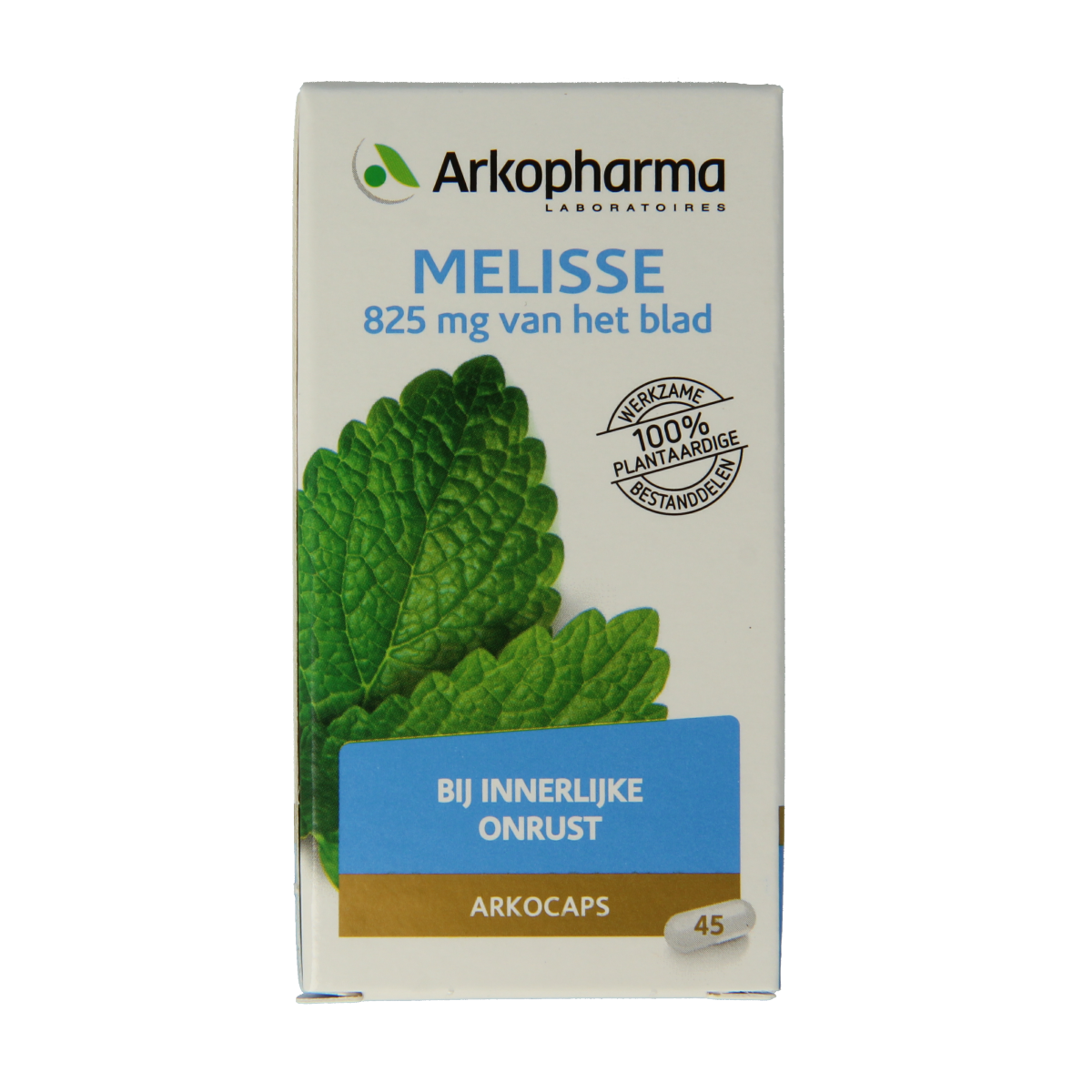 Arkocaps Melisse bio herbal capsules, 45 count, natural herbal supplement from Arkocaps, showing green capsule bottles and label.