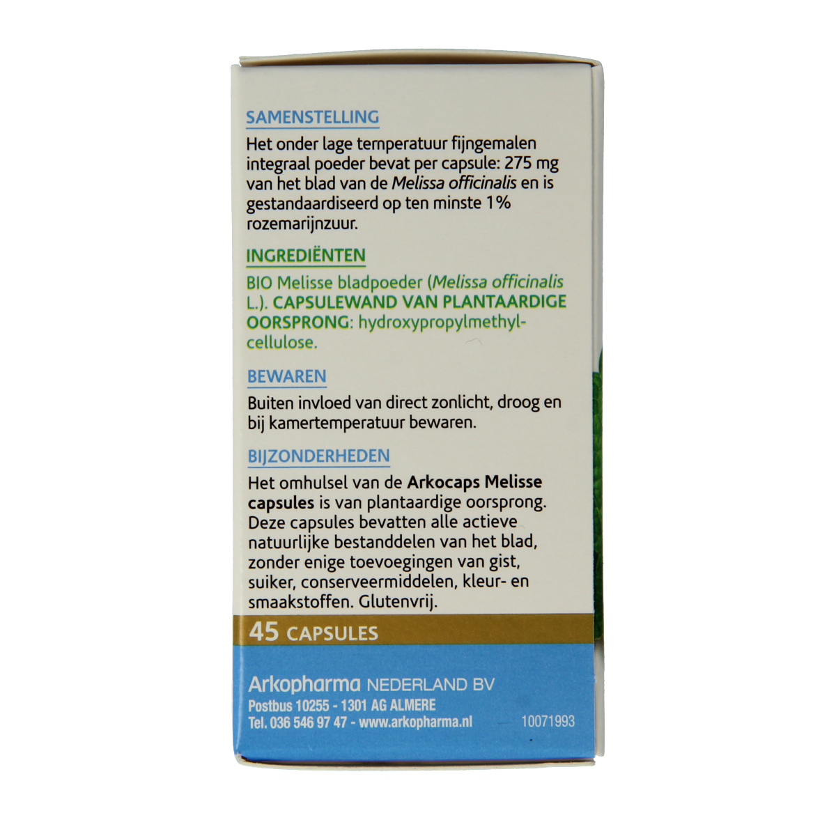 Arkocaps Melisse bio herbal capsules in a bottle, natural supplement for relaxation and digestive support.