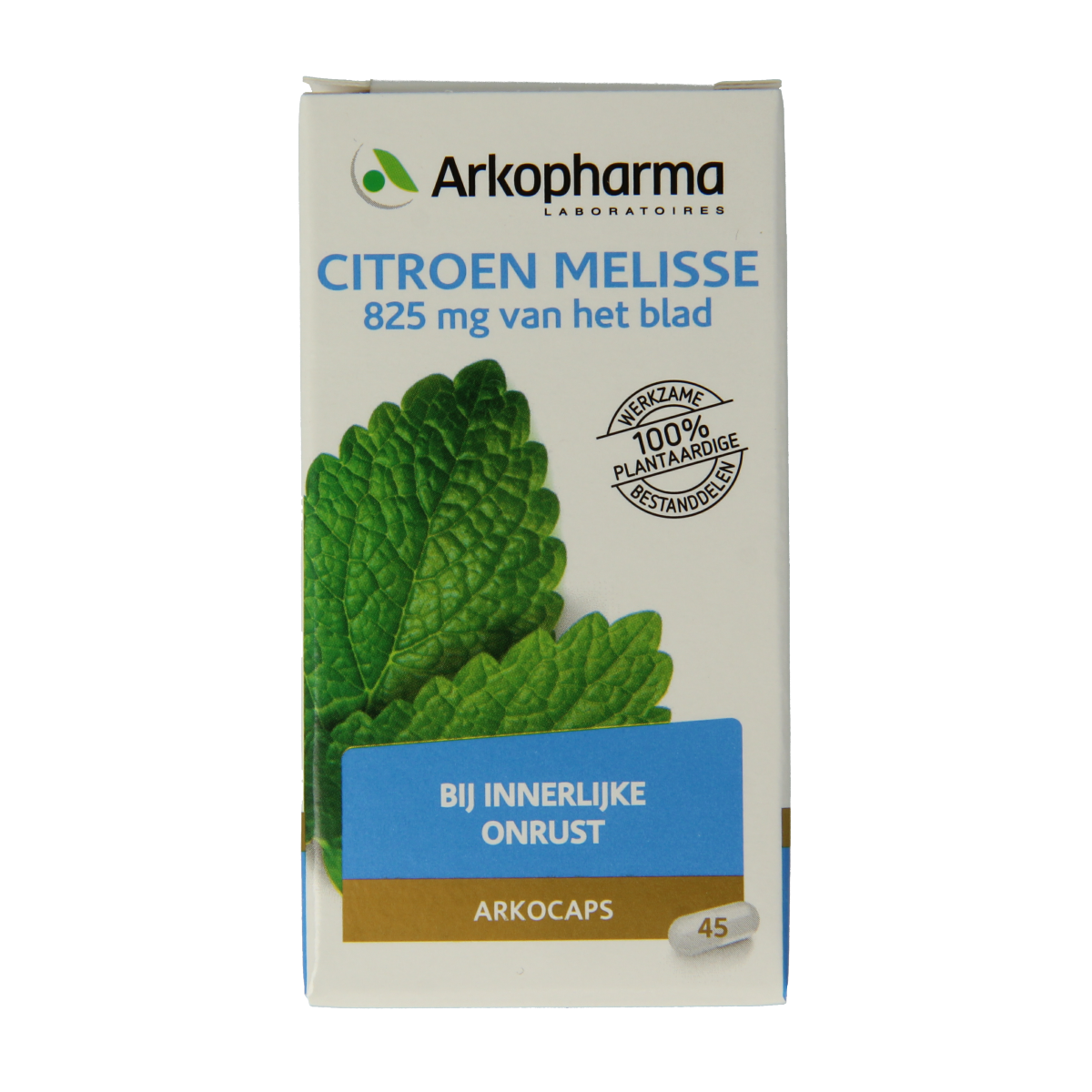 Arkocaps Melisse bio herbal capsules in a white bottle with a green label, emphasizing organic herbal supplement.